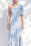 Chiffon zeemeerminblauw bloemen met één schouder geritselde lange moeder van de bruid jurk met split