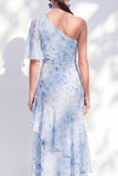Chiffon zeemeerminblauw bloemen met één schouder geritselde lange moeder van de bruid jurk met split