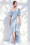 Zeemeermin Chiffon blauwe bloemen V-hals met ruches hoog lage moeder van de bruid jurk