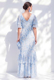 Zeemeermin Chiffon blauwe bloemen V-hals met ruches hoog lage moeder van de bruid jurk