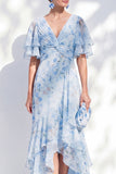 Zeemeermin Chiffon blauwe bloemen V-hals met ruches hoog lage moeder van de bruid jurk