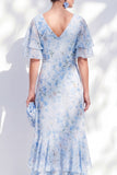 Zeemeermin Chiffon blauwe bloemen V-hals met ruches hoog lage moeder van de bruid jurk