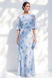 Zeemeermin Lichtblauwe chiffon met bloemen met ruches in de bateau hals lange moeder van de bruid jurk