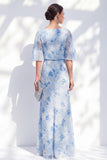 Zeemeermin Lichtblauwe chiffon met bloemen met ruches in de bateau hals lange moeder van de bruid jurk