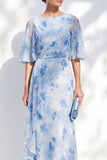 Zeemeermin Lichtblauwe chiffon met bloemen met ruches in de bateau hals lange moeder van de bruid jurk