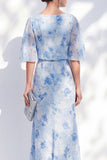 Zeemeermin Lichtblauwe chiffon met bloemen met ruches in de bateau hals lange moeder van de bruid jurk
