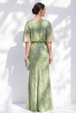 Saliegroene zeemeermin Chiffon met bloemen met ruches in Bateau neck, lange moeder van de bruid jurk