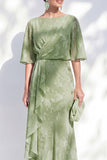 Saliegroene zeemeermin Chiffon met bloemen met ruches in Bateau neck, lange moeder van de bruid jurk