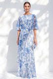 Witte Blauwe Bloem Zeemeermin Chiffon Bateau Hals, lange gerimpelde Moeder van de Bruid jurk