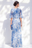 Witte Blauwe Bloem Zeemeermin Chiffon Bateau Hals, lange gerimpelde Moeder van de Bruid jurk