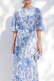 Witte Blauwe Bloem Zeemeermin Chiffon Bateau Hals, lange gerimpelde Moeder van de Bruid jurk
