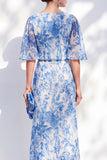 Witte Blauwe Bloem Zeemeermin Chiffon Bateau Hals, lange gerimpelde Moeder van de Bruid jurk
