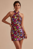 Sprankelende zwarte bloemen halter hals bodycon pailletten Homecoming jurk