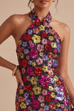 Sprankelende zwarte bloemen halter hals bodycon pailletten Homecoming jurk