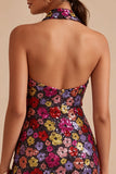 Sprankelende zwarte bloemen halter hals bodycon pailletten Homecoming jurk