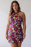 Sprankelende zwarte bloemen halter hals bodycon pailletten Homecoming jurk