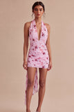 Roze bloemen halter hals strakke chiffon Mini cocktailjurk met strik