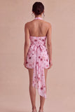 Roze bloemen halter hals strakke chiffon Mini cocktailjurk met strik
