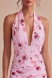 Roze bloemen halter hals strakke chiffon Mini cocktailjurk met strik