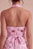 Roze bloemen halter hals strakke chiffon Mini cocktailjurk met strik