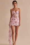 Roze bloemenkorset Strakke Chiffon Mini Cocktailjurk met sjerp