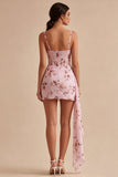 Roze bloemenkorset Strakke Chiffon Mini Cocktailjurk met sjerp