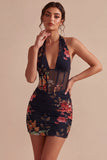 Zwarte halterhals doorschijnend korset Bodycon Mini Cocktailjurk