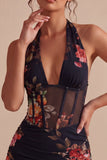 Zwarte halterhals doorschijnend korset Bodycon Mini Cocktailjurk