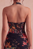 Zwarte halterhals doorschijnend korset Bodycon Mini Cocktailjurk