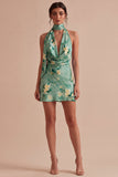 Lichtgroene halter neck Bloemen Bodycon Mini Cocktailjurk