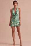 Lichtgroene halter neck Bloemen Bodycon Mini Cocktailjurk