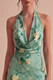 Lichtgroene halter neck Bloemen Bodycon Mini Cocktailjurk