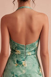 Lichtgroene halter neck Bloemen Bodycon Mini Cocktailjurk