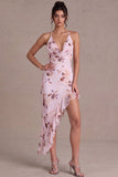 Roze halter hals bloemen asymmetrische cocktailjurk met ruches