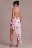 Roze halter hals bloemen asymmetrische cocktailjurk met ruches