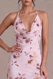 Roze halter hals bloemen asymmetrische cocktailjurk met ruches