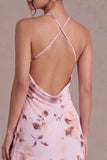 Roze halter hals bloemen asymmetrische cocktailjurk met ruches