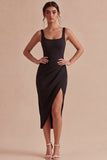 Zwarte Bodycon midi gerimpelde, dikke bandjes formele jurk met split