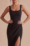 Zwarte Bodycon midi gerimpelde, dikke bandjes formele jurk met split