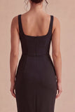 Zwarte Bodycon midi gerimpelde, dikke bandjes formele jurk met split