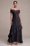 Off-the-shoulder A Line lange zwarte stropdas jurk met ruches