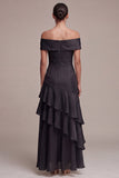 Off-the-shoulder A Line lange zwarte stropdas jurk met ruches