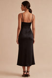 Spaghettibandjes gerimpelde zeemeermin midi black tie jurk