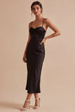 Spaghettibandjes gerimpelde zeemeermin midi black tie jurk