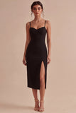 Zwarte Bodycon midi spaghetti bandjes formele jurk met split