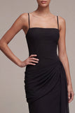 Schede gerimpelde spaghettibandjes midi black tie jurk