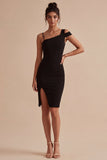 Zwarte eenschouder korte bodycon formele jurk met split