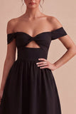 Zwarte off-the-shoulder sleutelgat midi A-lijn formele jurk