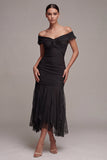 Zwarte off-the-shoulder zeemeermin lange formele jurk met ruches