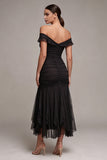 Zwarte off-the-shoulder zeemeermin lange formele jurk met ruches